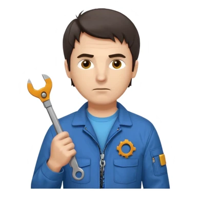 Calm and independent male technician, Caucasian features, short tousled dark hair, serious but composed expression, wearing a blue work jacket over a grey t-shirt, holding a wrench in one hand and a mechanical gear in the other, waist-up, front-facing sticker