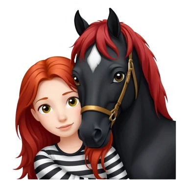 A red-haired girl with long hair in the form of a rider hugs a black horse with a white stripe on her face and he has a black mane sticker