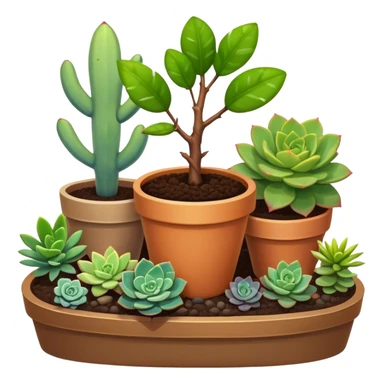 Close-up of a potted sapling in rich soil surrounded by vibrant plants and succulents. Bright sunlight filters through the window, casting soft shadows. Nearby gardening tools rest on a wooden table. Cozy indoor atmosphere with greenery and flowers. sticker