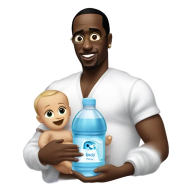 P diddy holding a baby and a bottle of baby oil sticker