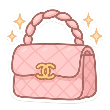 pink Chanel purse with sparkles around it, cute and exaggerated chibi sticker style sticker