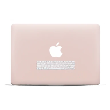 A sleek and modern MacBook Air laptop in a soft pastel pink color. The Apple logo on the back of the screen is white, contrasting elegantly with the pink finish. The laptop is slightly open, showing a glimpse of the white keyboard and silver edges. The design is minimalist and stylish, reflecting a premium aesthetic. sticker