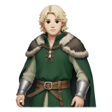 Medieval winter outfit worn by a DnD themed fantasy male character. Double-layered forest green wool tunic with bear fur lining, decorated with pewter toggle closures and a thick woven belt. Clothes only above the waist, full waist coverage. The character has no arms. Character is white-skinned with pale blonde hair, steel gray eyes, and medium-length wavy hair with frost-tipped ends sticker