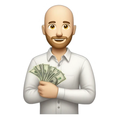 white male with small beard and almost bald  smart casual shirt holding money sticker