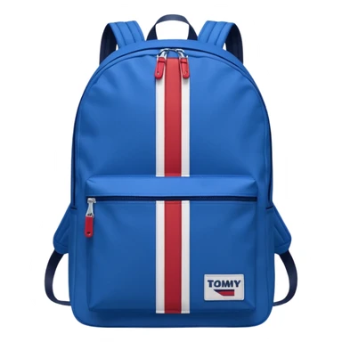 simple blue backpack, at the bottom pocket there is a  logo featuring a Tommy Jeans-inspired logo. The logo looks like a vertical one red, one white. The flag are vertical, not horizontal. Flat

 sticker