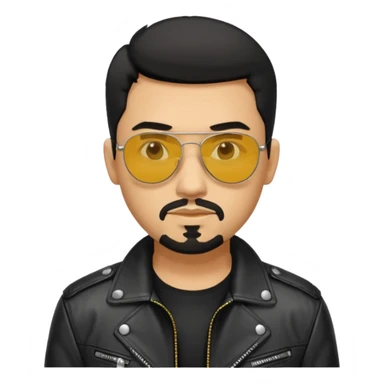 A man with middle part black hair sunglasses with yellowish glasses And black jacket. Goatee short black beard sticker