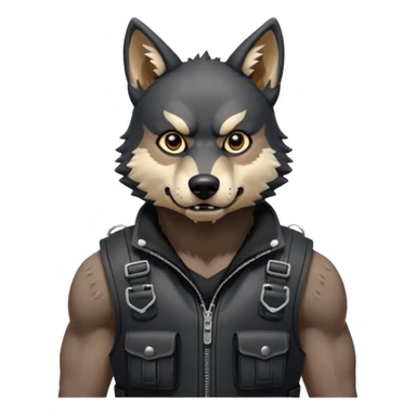 A full black anthropomorphic wolf with white marks, he is wearing a rubber like dog muzzle, and his ears are standing up with a variety of piercings. He has a black tactical vest on, and he is in a grumpy mood, his arms just hanging by his side sticker