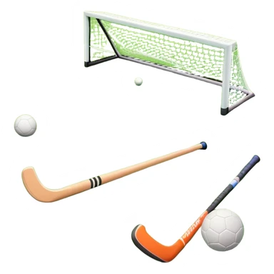 A field hockey stick and ball on a vibrant green grass field, with goalposts and clear field markings in the background. The scene emphasizes the bright, lush grass, highlighting the fast-paced and strategic nature of hockey on a well-maintained pitch. sticker