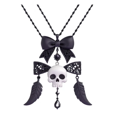 gothic bow, white satin, silver skull charm, black feather accents, black gemstone, black chain fringe, black lace overlay sticker