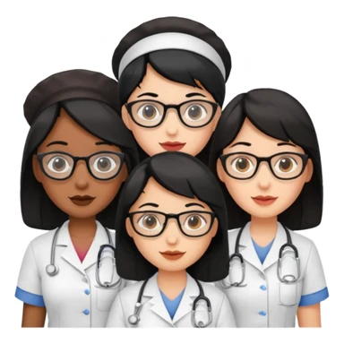 Genera un emogis con cuatro enfermeras pelinegra juntas, entre ellas una con lentes y otra con lunar encima del labio sticker