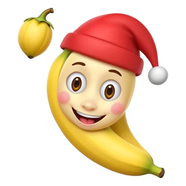 A 3D cartoon banana with a red nose and tiny hat, smiling face, playful pose, Memoji-style. sticker
