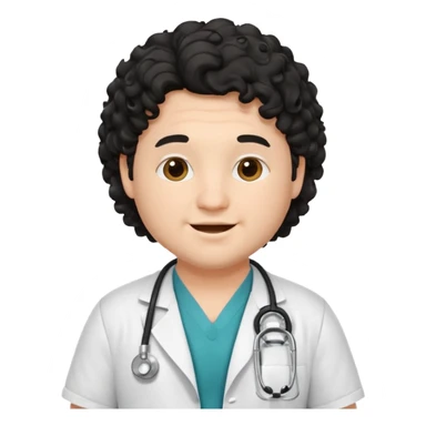 a young chubby male doctor with black long curly hair and cheerful face without gpasses sticker