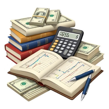 Icon for Business Reading: an open book with graphs, numbers, percentages, formulas, and text on the pages, next to a stack of books, a pile of dollars, a calculator, and a pen. The icon should represent the analytical and strategic nature of business literature. Transparent background. sticker