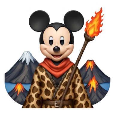 a mickey mouse wearing ancient animal skin cloth with volcano behind, half body, icon sticker