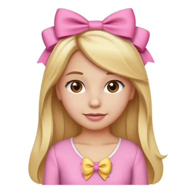 Create a custom emoji of a coquette-style girl with long blonde hair, brown eyes, fair skin, wearing a pink outfit with a cute bow in her hair. sticker