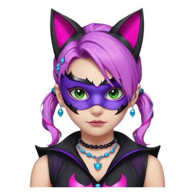 Girl with green eyes, wearing a bat mask with pink stones around her eyes, her hair tied in a ponytail, the hair is purple with blue and pink streaks, with black cat ears with pink stones around, wearing a black shirt that covers the neck, and a sleeveless blue jacket, and a necklace of pink stones sticker