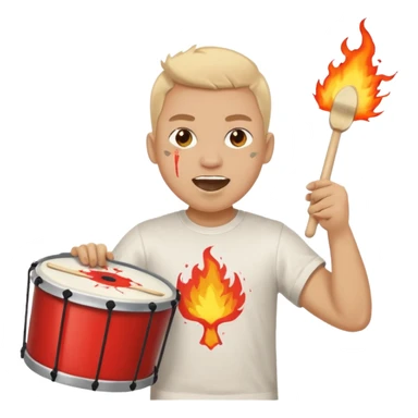 A loud fan, simple tee shirt with paint on his cheeks with a marching drum, beating it with fiery enthusiasm sticker