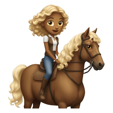 A dark tan girl with curly blonde hair riding a brown horse with white spots  sticker