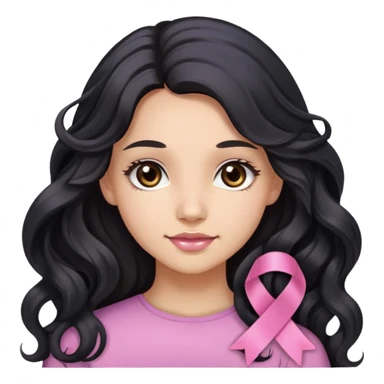 Beautiful girl with long wavy black hair, brown eyes, light skin, slight smile, and pink ribbon in hair sticker