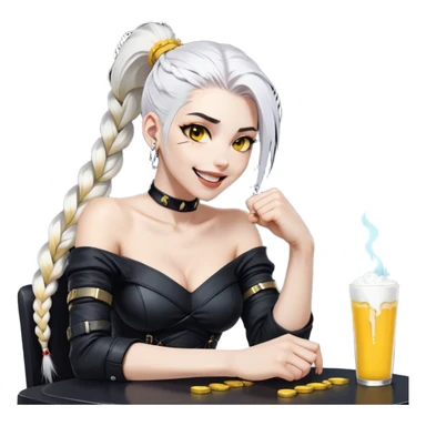 she is laughing the hardest and pounding her fist on the table, a closeup portrait of young woman with gold yellow eyes, white hair, long braid, black off-shoulder top, punk gothic style, futuristic cyberwave cyberpunk, sitting position
 sticker