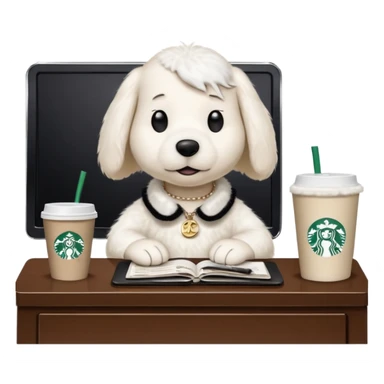 snoopy in a desk with starbucks and his chanel purse sticker