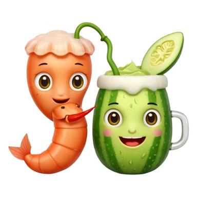 Emoji-style food mascots, NOT human.
Two cute shrimp characters, simple cartoon faces, big round eyes, small smiles.
One shrimp holding a beer mug with foam, the other holding an aguachile bowl with cucumber and chili.
Flat + soft 3D style, clean shapes, no human facial details, no realistic skin.

 sticker
