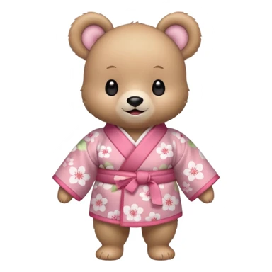 A cute baby bear character in pastel style, standing upright like a human. 
Light brown soft fur, large round ears, rounded paws and feet. 
Big cute black dot eyes, medium blush cheeks, and a tiny smiling mouth. 
Wearing a pink kimono with soft cherry blossom patterns on the sleeves and bottom,  sticker