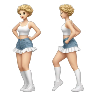Hyperrealistic Full body Caucasian curvy beauty jumping short white skirt back and front views strong wind knickers long white socks sticker