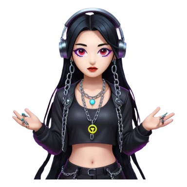  korean-techno-dj-girl,-wearing-a-stylish-edgy-outfit-with-metallic-chains,-long-black-hair,-performing-in-a-neon-lit-underground-club,-cyberpunk-aesthetic,-high-detail-3d-emoji-style,-energetic-and sticker