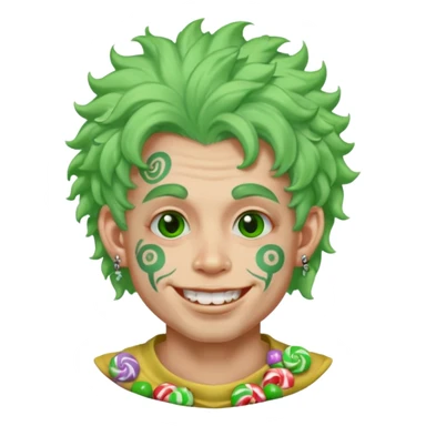 very colorful puffy green haired man made out of candy  and excessive face tattoos and excessive piercing just face  sticker