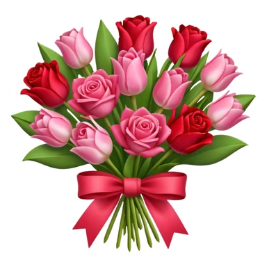 Create an bouquet with red and pink roses and tulips inside a white flower bouquet with red ribbon around it sticker