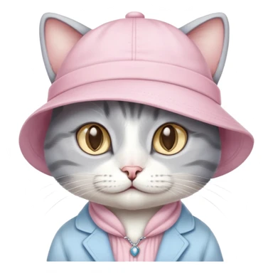 A grey and white cat with light pink clothes and a little light yellow hat. Make it have light blue eyes sticker
