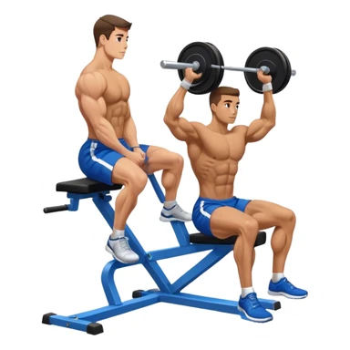 side-view bodybuilder in blue shorts seated weighted calf-raise machine on his tip toes sticker