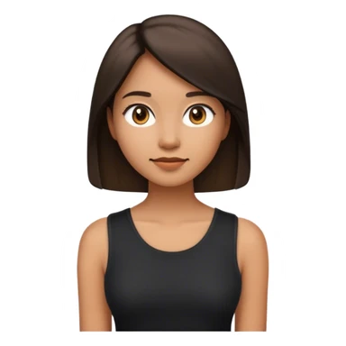 A young woman designed in the Apple emoji style: smooth, rounded features, minimalistic details, and subtle shading. She has dark, shoulder-length hair, a neutral but pleasant expression, and wears a black sleeveless top. The character is centered in the frame, facing slightly toward the camera.  sticker