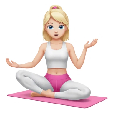 A cinematically realistic blonde with long hair and blue eyes, dressed in a white top and pink leggings, performs a sports exercise on a mat sticker