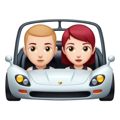 Blonde boy with a buzz cut and a girl with dark red hair in a sports car sticker