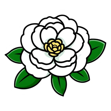 Elegant white camellia flower with symmetrical petals and rich green foliage sticker