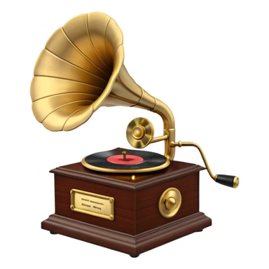 3D render of Gramophone, vintage 1980s audio equipment aesthetic, tactile analog buttons, polished brass gold horn with a dark mahogany wood base, mixed wood grain and brushed aluminum textures, Apple emoji style, isolated on white background --v 6.0 sticker