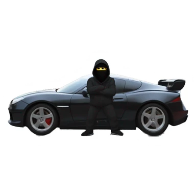 Far POV of a sleek sports car with a white roadman in a black ski mask driving, city streets blurred in the background. The entire car is visible, with the driver seen inside, creating an intense, fast-moving vibe sticker