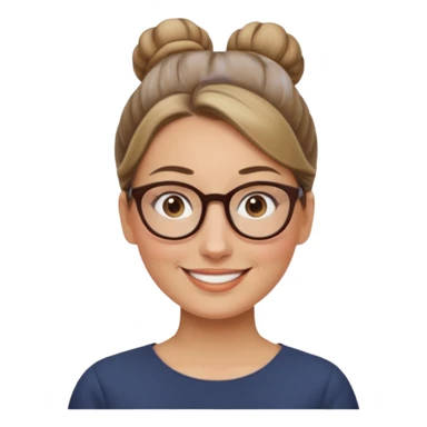 femme de 38 ans avec des cheveux tirés vers l'arrière blond foncé sans mèche devant, un chignon haut, yeux bruns, lunettes rondes, visage ovale sticker