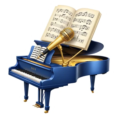 Create an elegant and refined emoji that represents classical or academic vocal performance. The design should feature a microphone, sheet music with musical notes, and a treble clef to symbolize the vocal artistry and music theory behind academic singing. Add subtle elements like a vocal warm-up chart or a grand piano to reflect the classical training. Use classic colors like gold, silver, and deep blue to emphasize sophistication and professionalism. The background should be transparent. sticker