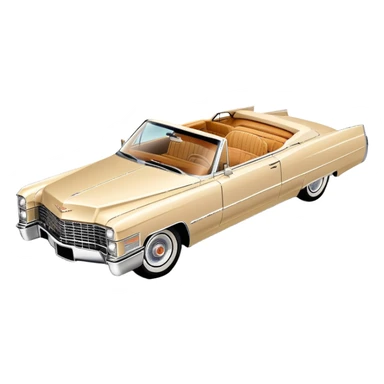 Elegant beige 1966 Cadillac DeVille with sharp details, consistent 30-degree perspective showing front and side, vintage luxury car styling, from Tarantino's Once Upon a Hollywood, iOS emoji style sticker