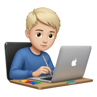 boy working in Macbook, he is graphic designer and paint artist sticker