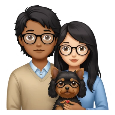 A couple holding a small Yorkshire Terrier together. The girl is Asian with long, luscious wavy black hair (loose, no hair tie). She is next to her boyfriend, a brown-skinned man wearing glasses with a korean haircut sticker
