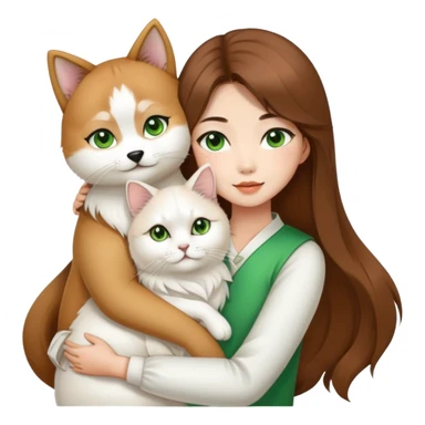 chinese fashion girl has brow hair hugging A Shiba Inu and a long-haired white Persian cat with green eyes. sticker