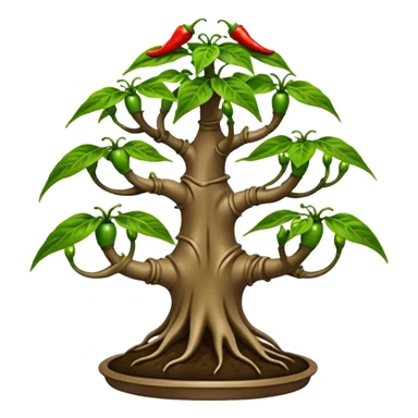 Very Large decorative gnarled alien-futuristic multi-tier space-efficient plant rack, which holds bonsai tiny hot pepper plants, constructed from mud sticker