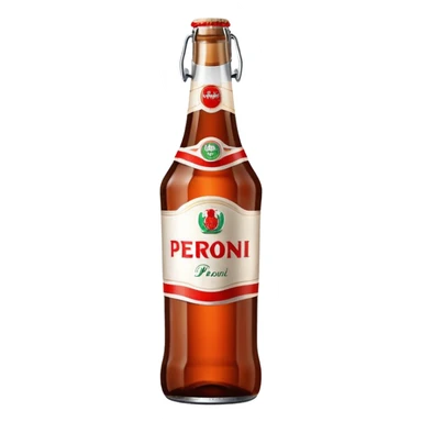 Glass bottle Peroni with red marketing tape and a brown glass bottle color sticker