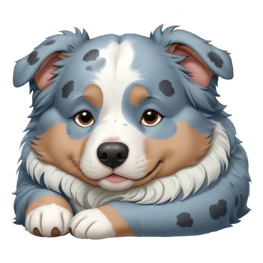 Cinematic Chubby Sleeping Blue Merle Australian Shepherd Portrait Emoji, Chubby and serene, with a round, adorable build and a soft blue merle coat accented by crisp white patches, eyes gently closed in peaceful slumber, Simplified yet irresistibly endearing features, highly detailed, glowing with a gentle, dreamy glow, high shine, relaxed and content, stylized with a touch of whimsy, bright and heartwarming, soft glowing outline, capturing the essence of a blissfully sleepy herder, so comically serene it feels like it could roll out of the screen and snore with adorable charm! sticker