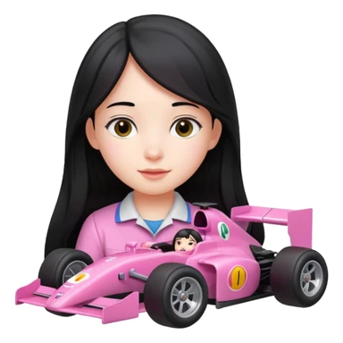 long black haired girl kid playing pink colored formula 1 car toy sticker