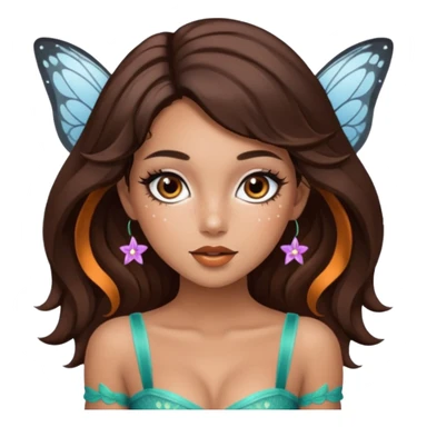 Pretty girl with caramel skin. Dark brown hair and brown eyes. She has freckles. Wearing sexy makeup. Wearing a fairy costume. wearing white fishnet tights on legs and heels sticker